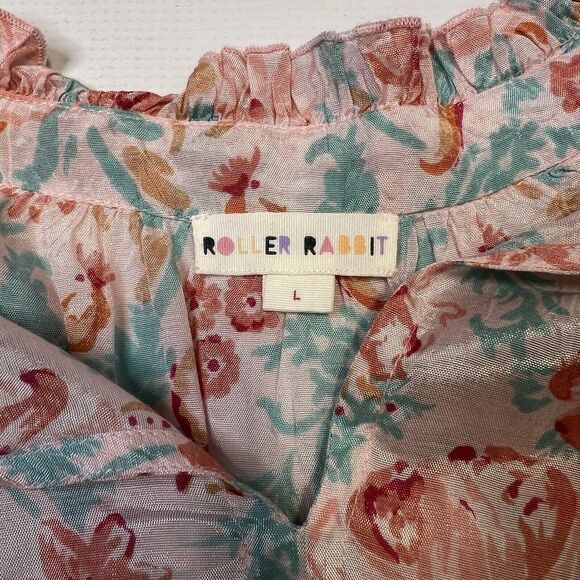 Roller Rabbit Blouse Womens Large Floral V Neck Top Pink Blue Spring Boho Chic - Picture 4 of 11